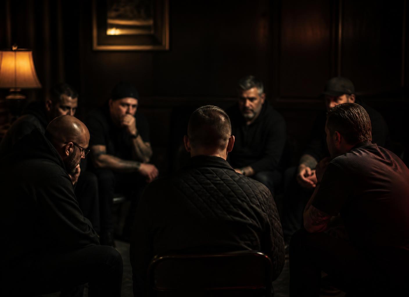 Men gathered in a circle for a recovery and faith coaching group